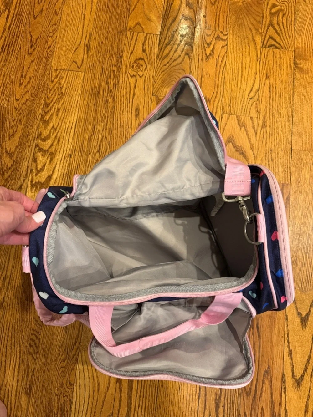 Pottery Barn Kids Mackenzie Navy and multicolored Hearts Sports Duffle Bag